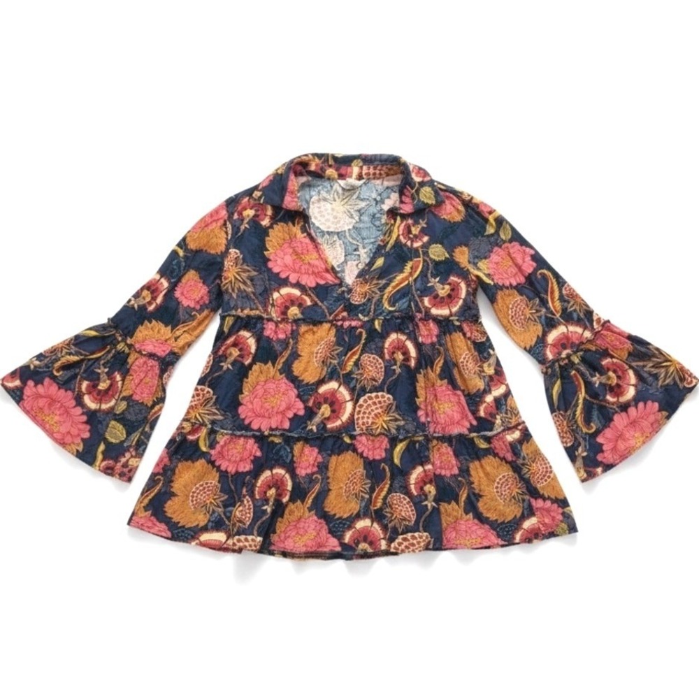 Jaase Floral Tiered Tunic Top Blue Pink Orange Bell Sleeve Boho Blouse Large